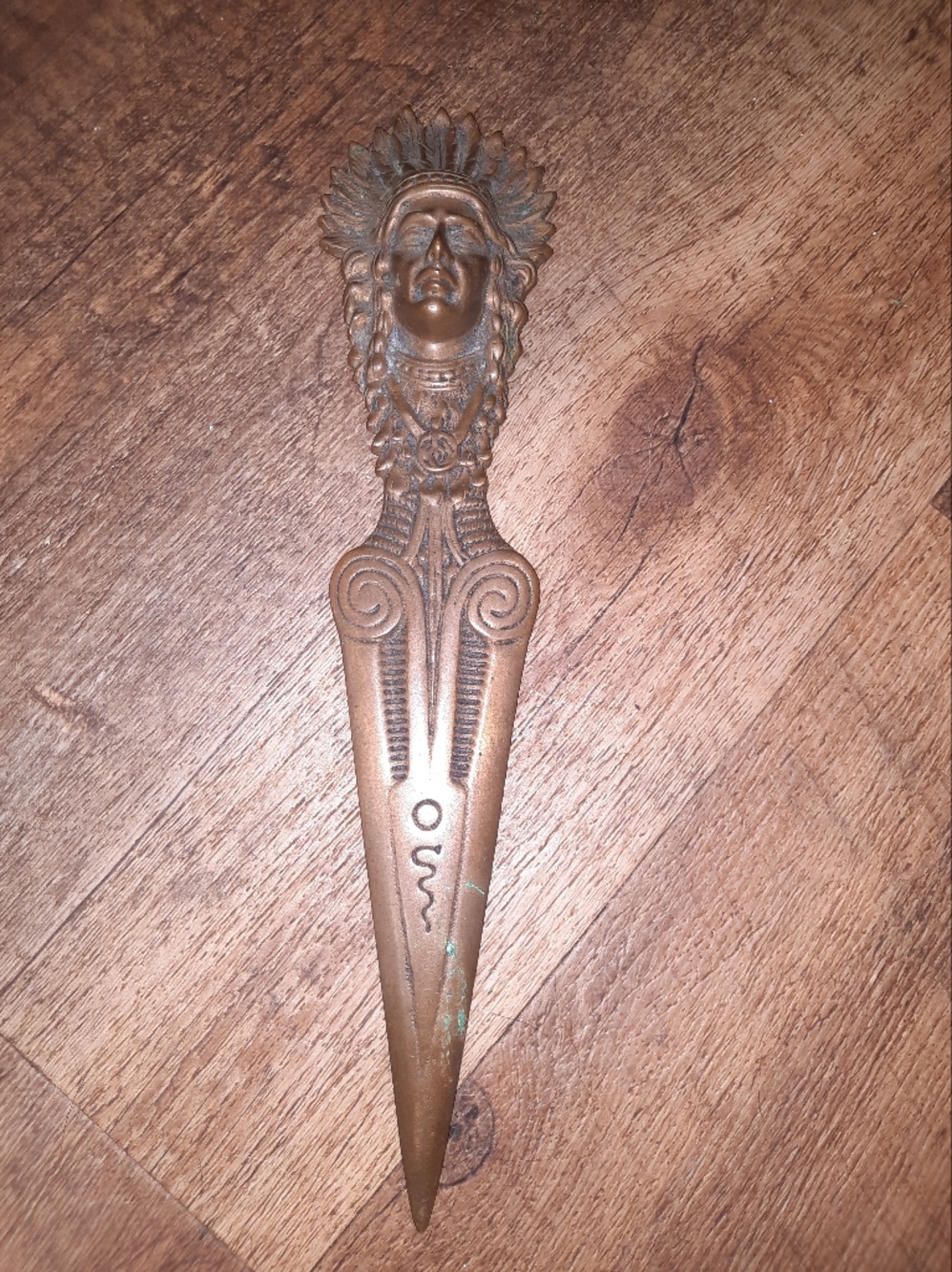 Old Brass Letter Opener with Native American Headdress Motif - Copper Tone